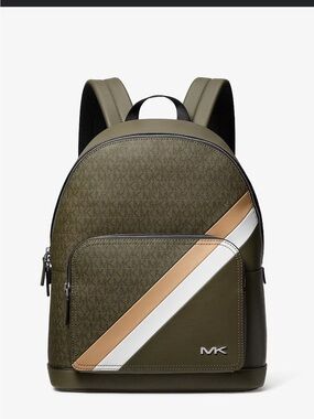 Michael Kors Olive Green Backpack with Cream and Tan Stripe Accent